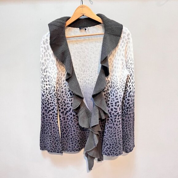 Magaschoni 100% Cashmere‎ Subtle Leopard Print Ombre Ruffle Cardigan- Size M - Picture 1 of 5
